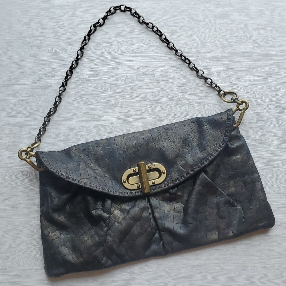 Per Se Black Bronze Leather Envelope Over the Shoulder Purse